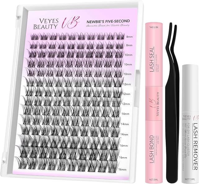VEYESBEAUTY LuxeBold Lash Clusters Kit Newbie's Five-Second Series Eyelash | Individual Eyelash Extensions Kit Thin & Invisible Band DIY Eyelashes Kit Wispy Lash Tray With Bond&Seal Remover Applicator