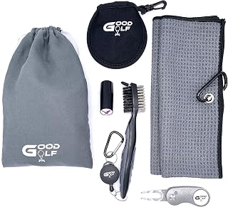 Good Golf Accessories Gift Set Kit with Golf Club Cleaning Brush, Microfiber Golf Towel, Divot Tool with Ball Marker and Golf Ball Stamper (5 pcs)