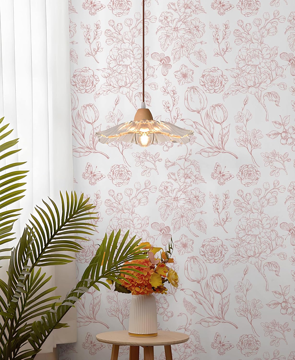 CiCiwind Floral Peel and Stick Wallpaper Pink and White Contact Paper Boho Wall Paper Modern Removable Self Adhesive Butterfly Wallpaper for Bedroom Bathroom Cabinets 17.3"×78.7"
