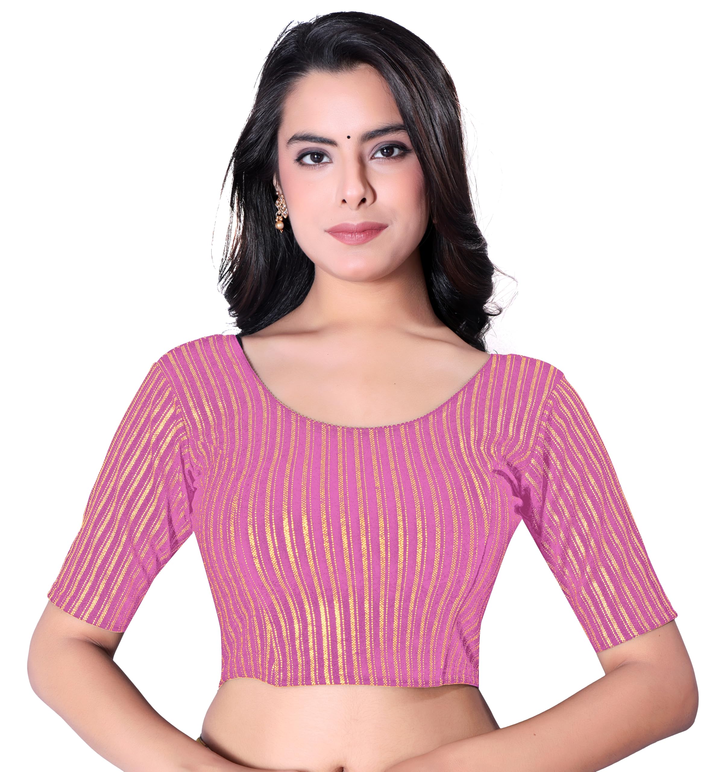 Designer Readymade Stretchable Blouse, Gold Striped Pattern, Half Sleeve Crop Top with Round Neck-image-21