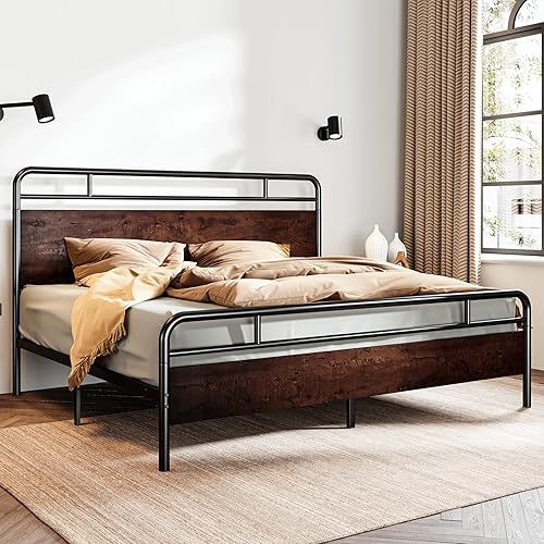 Miniatura 3 de SHA CERLIN Base de cama tamaño King con cabecera y pie de cama de madera, estructura de metal con esquinas redondeadas, listones de servicio pesado