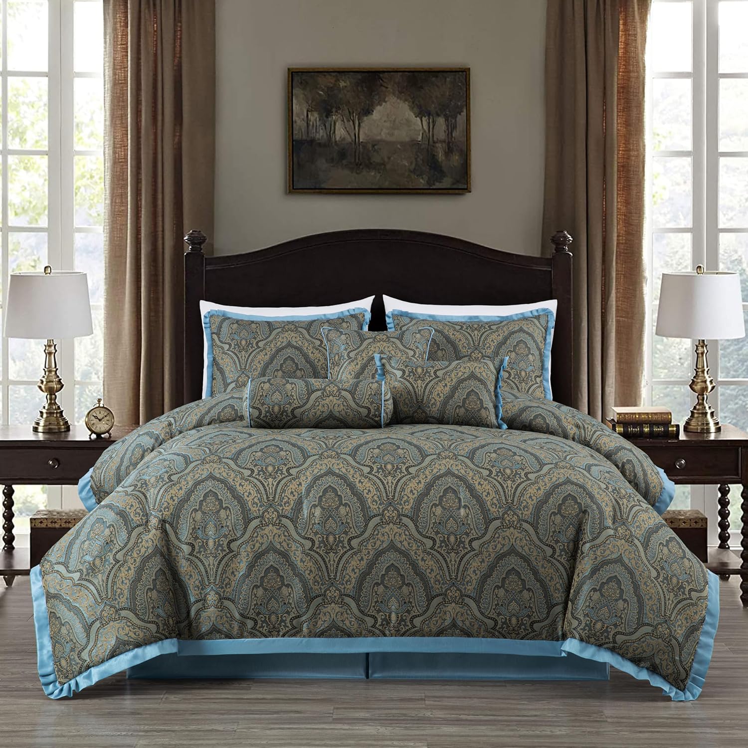 chezmoi collection pierre comforter set king size, 7-piece blue gold medallion paisley jacquard bedding set king blue/gold medallion paisley