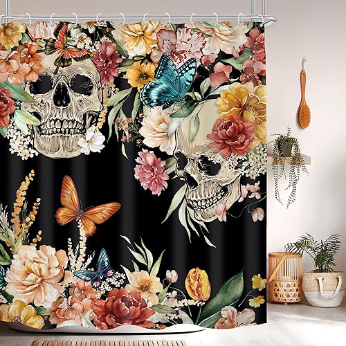 Miniatura 28 de Cortina de ducha de esqueleto de calavera de vaquero occidental, divertida, gótica de Texas, espeluznante, única hueso mexicano en la bañera,