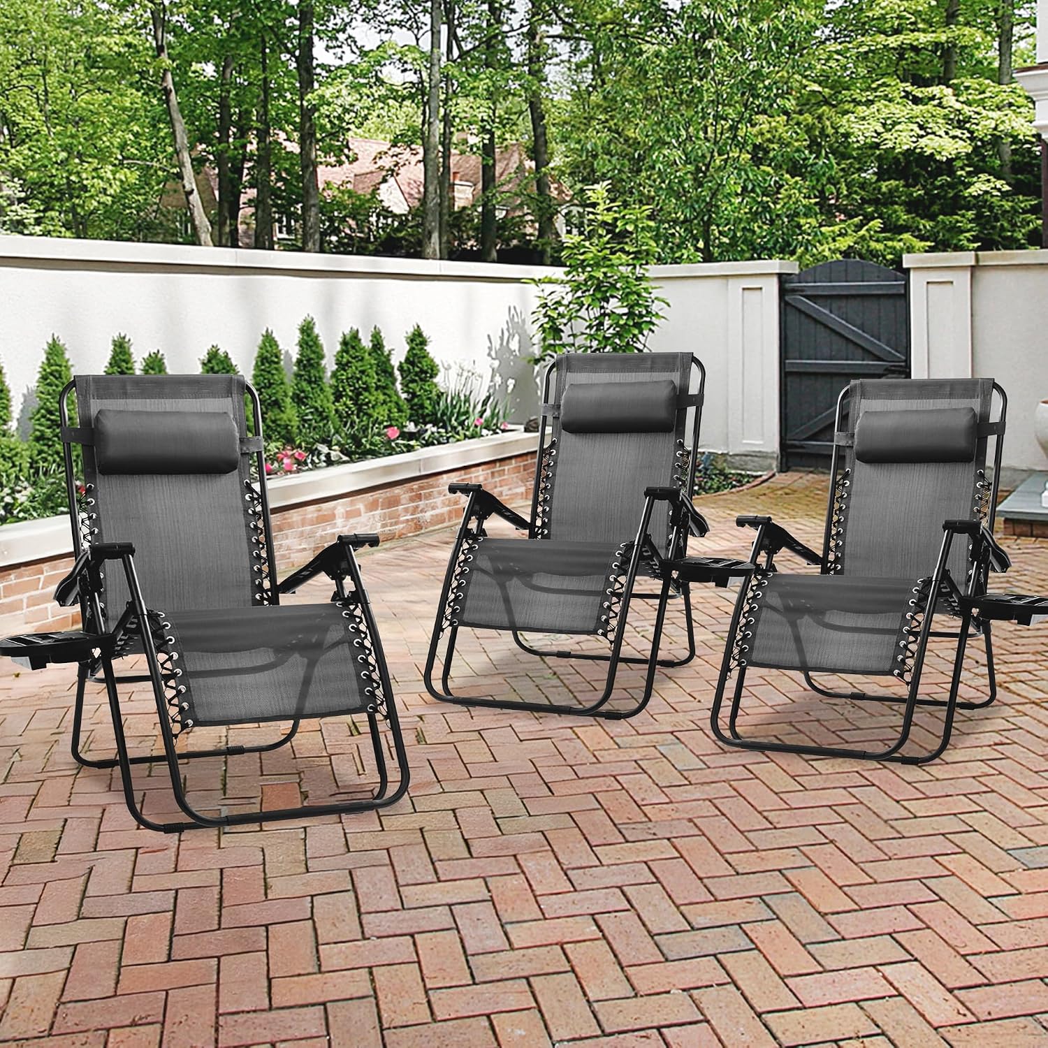 Four Seasons Courtyard Sunny Isles XL Zero Gravity Outdoor Patio Reclining Chair Steel Frame Folding Balcony Lounge Seat Furniture Set, 3 Pack, Black