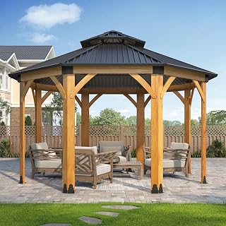 GARTOO 13’x 13’ Outdoor Spruce Wood Gazebo - Octagon Wooden Gazebos with...