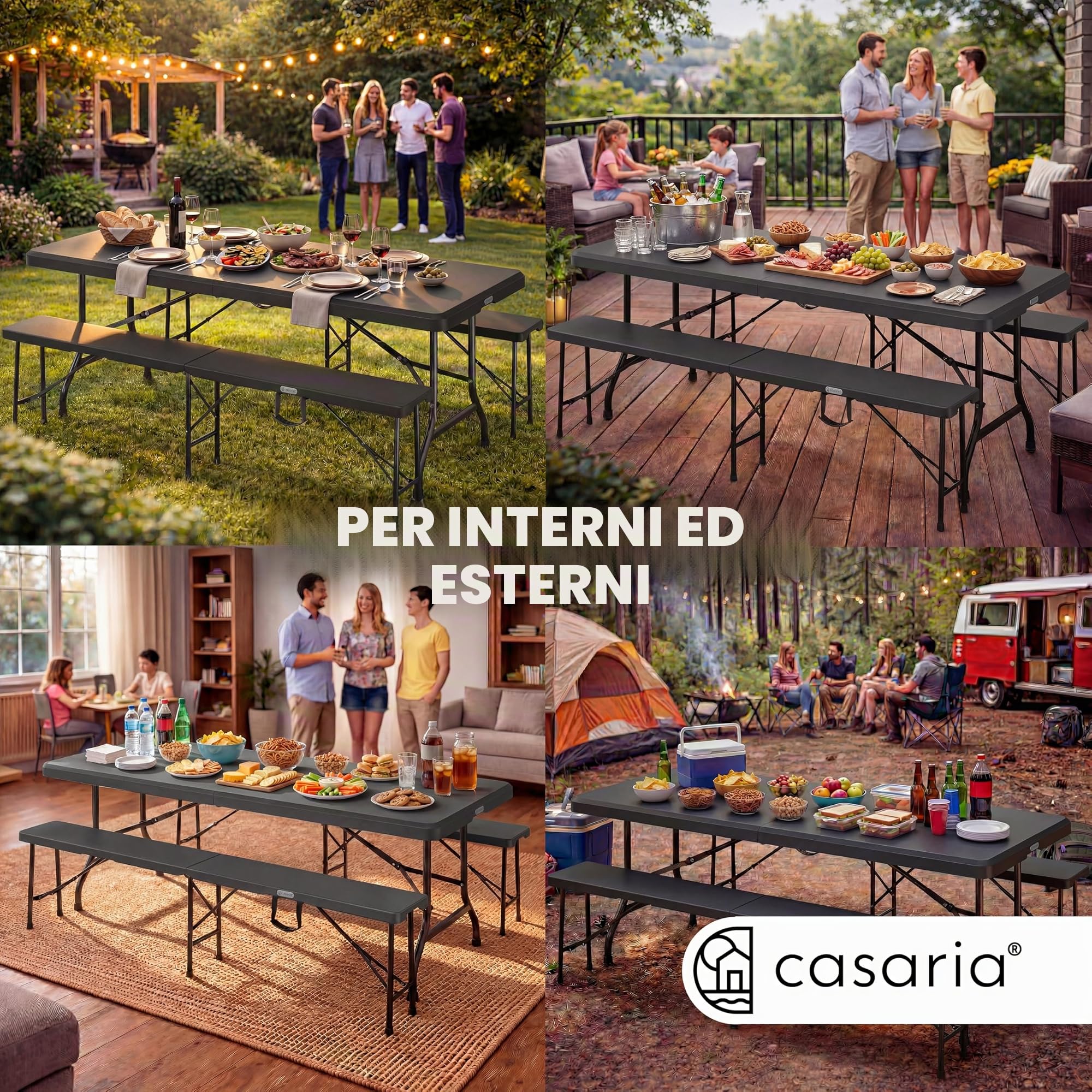 Casaria® Set da Birreria Pieghevole in Plastica con Maniglia Tavolo 2x Panca 3 Pezzi 180cm Campeggio Giardino Sagra