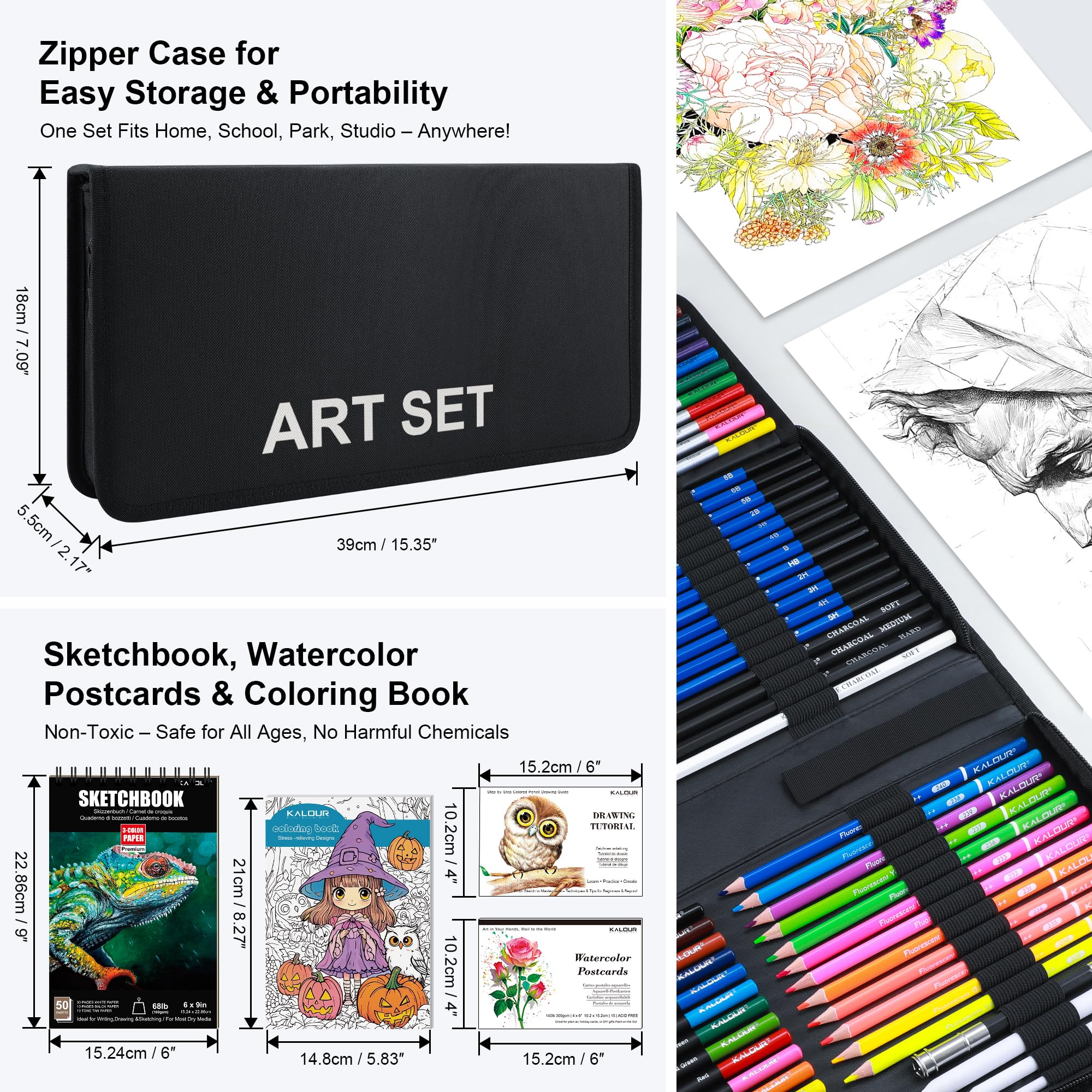 Set D'art KALOUR 135 Pièces – Crayons, Aquarelles, Carnet, Livre De Coloriage, étui, Pour Débutants Et Artistes