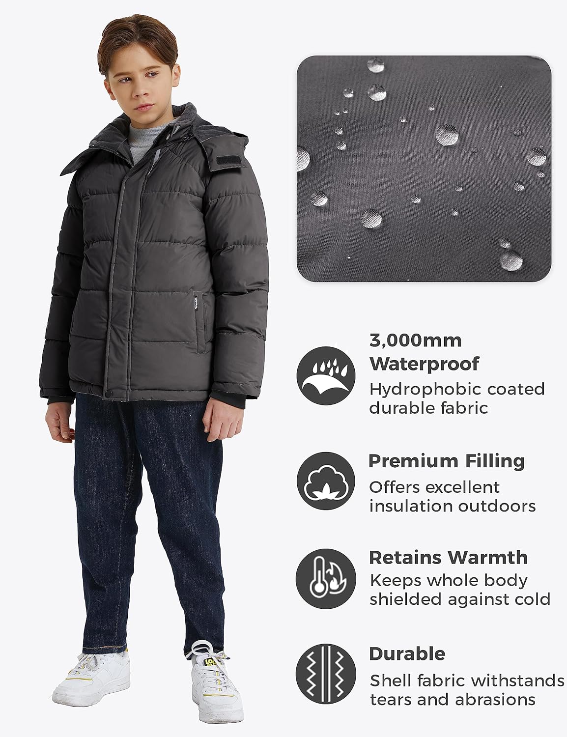 wantdo Boy's Fleece Winter Coat Waterproof Puffer Jacket Warm Winter Jackets with Hood - Image 2