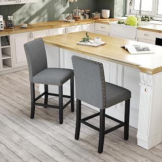 GOTMINSI Bar Stools Set of 2,Nailhead 24 Inches Counter Height Bar Stools for Kitchen Island Upholstered Barstools with Solid Wood Legs for Kitchen, Dining, Bedroom (Grey)
