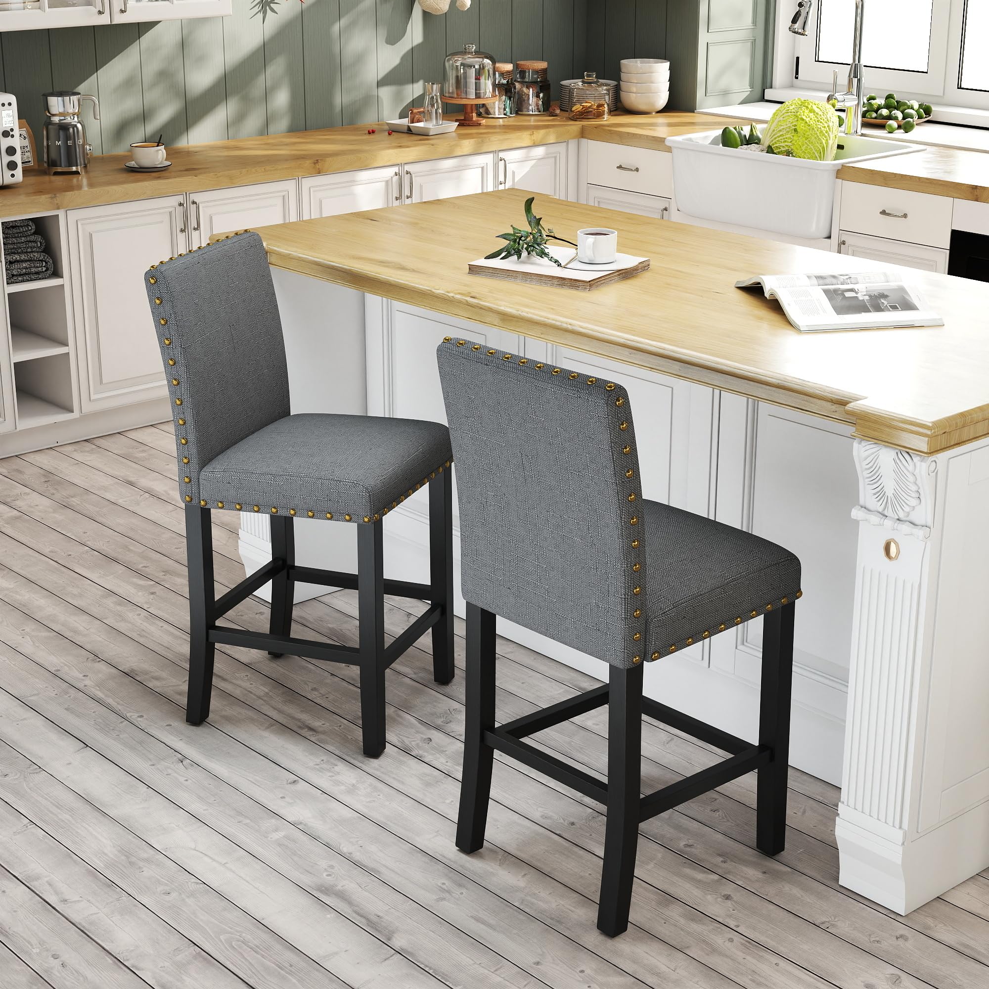 GOTMINSI Bar Stools Set of 2,Nailhead 24 Inches Counter Height Bar Stools for Kitchen Island Upholstered Barstools with Solid Wood Legs for Kitchen,