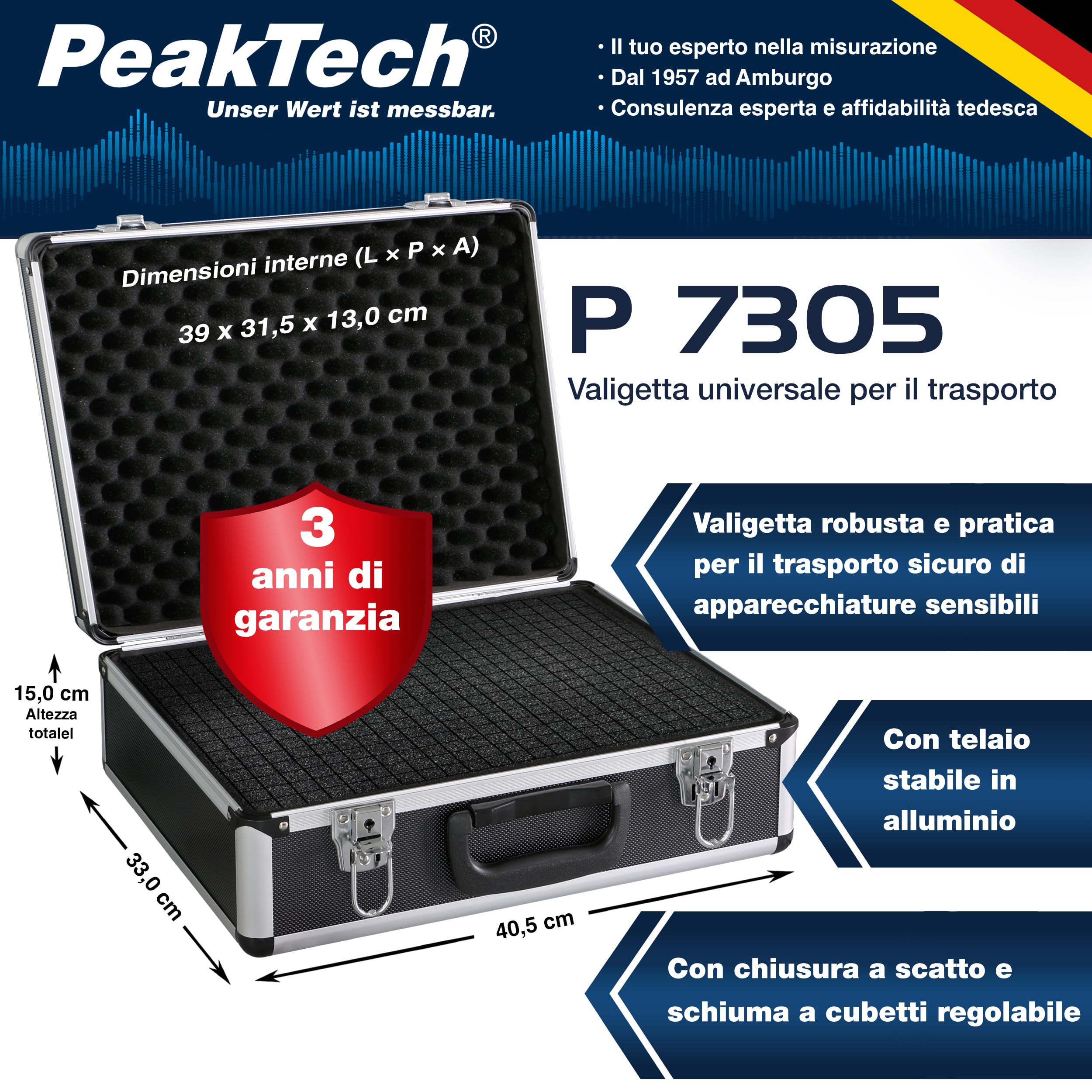 PeakTech 7305 - Custodia universale per strumenti di misura, Custodia in alluminio resistente, Vano porta attrezzi, Imbottitura in schiuma, Con lucchetto, Antipolvere, L - 405 x 330 x 150 mm