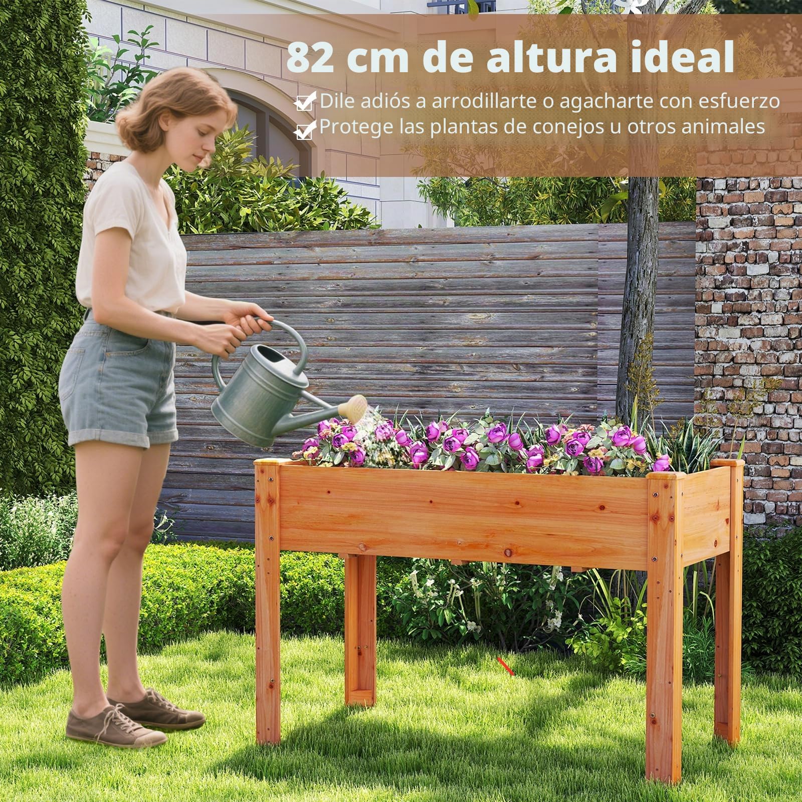 HOMASIS Huerto Urbano de Madera Abeto, 120 x 60 x 81 cm, Jardinera Elevada Terraza Exterior con Orificio de Drenaje, Compartimento de Almacenamiento, para Jardín, Balcón, Casa (marrón Rojizo)