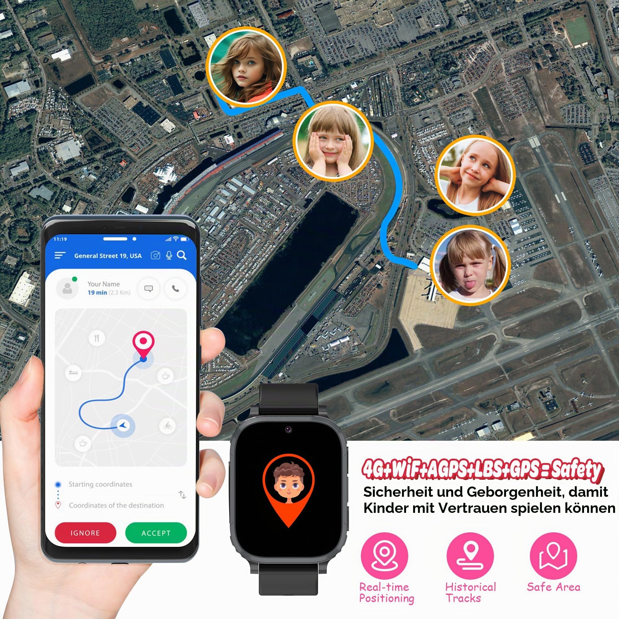 Smartwatch Kinder GPS, Kinder Smartwatch mit GPS Kinderuhr 1,83" HD Spiel IP68 Wasserdicht Wecker Taschenrechner, Smart Watch Geschenk für Mädchen Jungen Student (Schwarz)