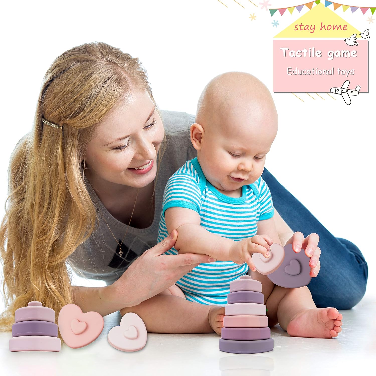 Promise Babe Silicone Stacking Toys Heart Shape Stacking Blocks Soft Baby Toy 6pcs Building Stacker