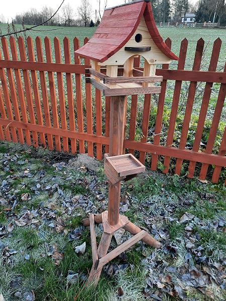 Mangeoire pour oiseaux, avec nichoir et support en bois - Mangeoire pour oiseaux sauvages - À poser dans le jardin ou sur le balcon - 6 couleurs (naturel + palissandre + acajou) - 2