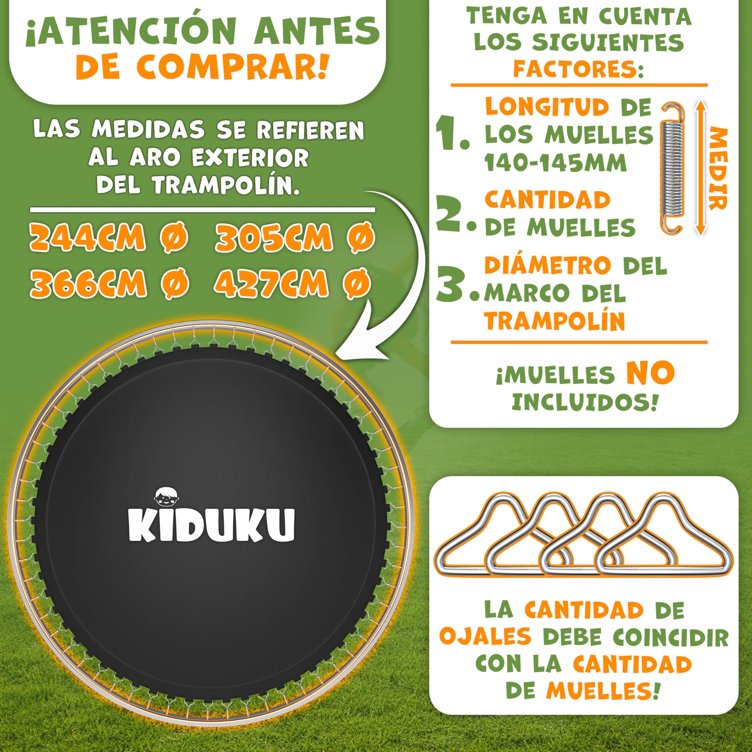 KIDUKU Sábana elástica de salto de 244, 305, 366 y 427 cm de diámetro, 48 – 96 ojales, resistente a los rayos UV y a la intemperie, accesorio de repuesto para cama elástica de jardín, tela de salto de