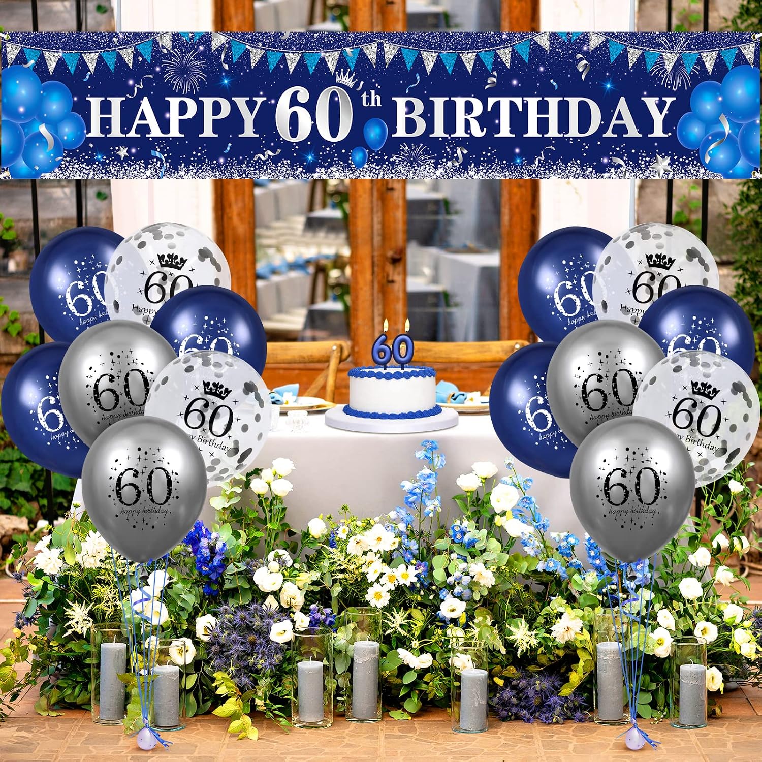 Navy Blue Silver Happy 60th Birthday Yard Banner, Blue 60th Birthday Balloons for Anniversary Party Decorations