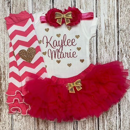 Vista 23 de Personalized Baby Girl Outfit Shower Gift Custom Name Glitter Heart Outfit Optional Tutu Bloomers Headband and Leg Warmers Light Purple + Gold