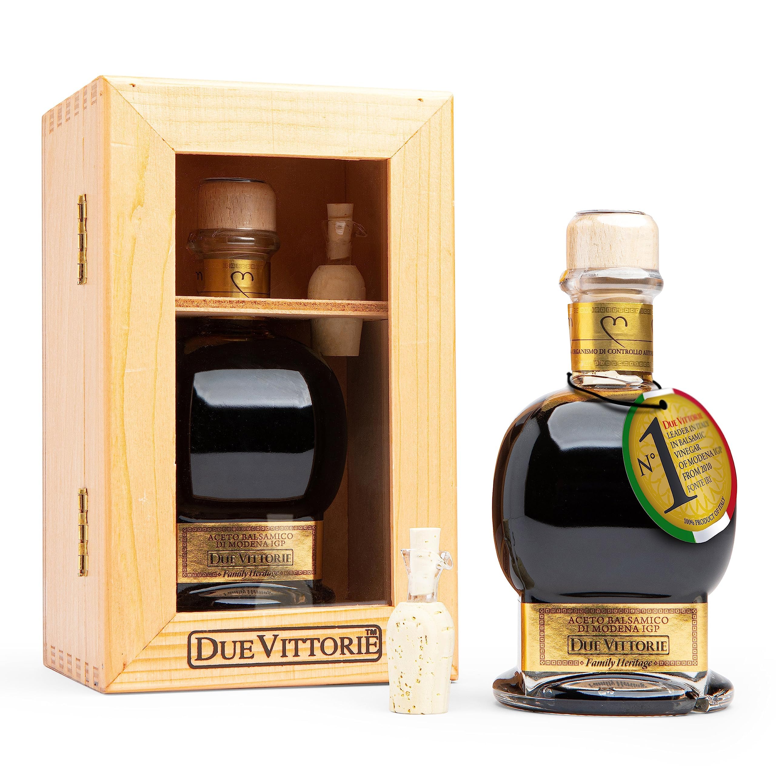 Due Vittorie Oro Gold, Barrel Aged Balsamic Vinegar of Modena IGP, Includes Wooden Gift Box and Cork Pourer, All-Natural, Extra Dense Premium Vinegar Aceto Balsamico di Modena IGP Italy - 8.45 Fl Oz