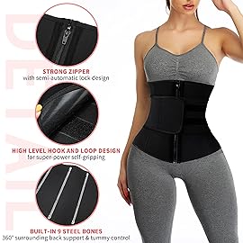 KIWI RATA Neoprene Sauna Waist Trainer Corset Sweat Belt with 2 Straps for Women Sweat Band Compression Cincher Workout Fitness Trimmer,1 Zipper Black,X-Large