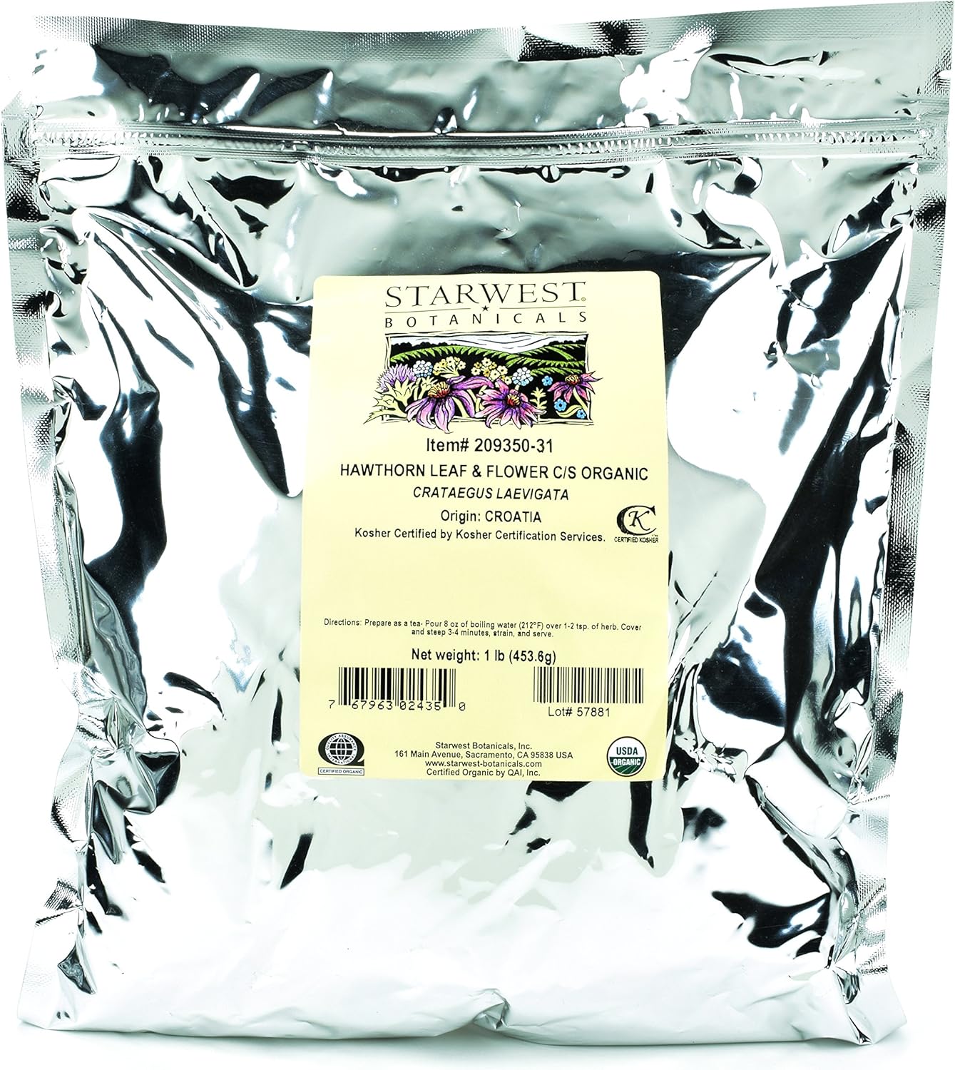 Starwest Botanicals Organic Hawthorn Leaves & Flowers - Dried Loose Leaf Herb for Tea, Cut & Sifted, Certified Kosher, Non-GMO - Bulk 1 lb Bag