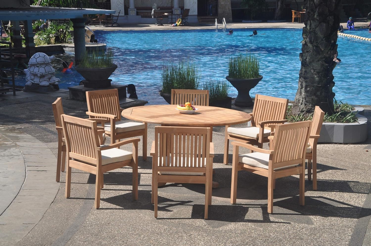 Grade-A Teak Wood 8 Seater 9 Pc Dining Set: 60" Round Table and 8 Leveb Stacking Arm Chairs #WFDSLV25