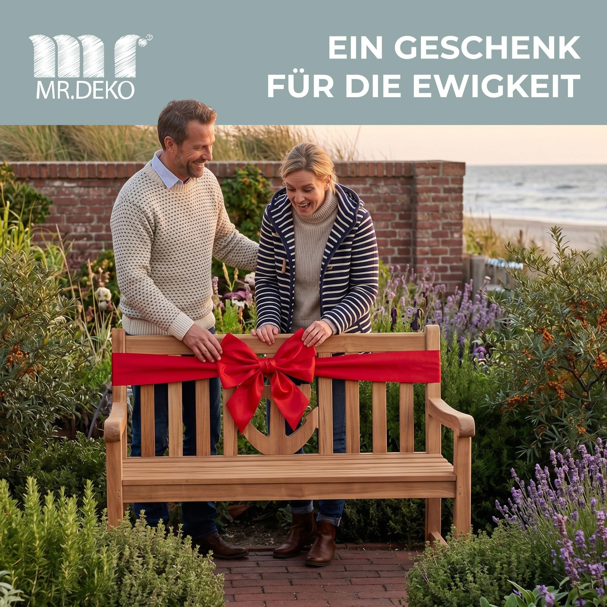MR. DEKO Gartenbank Anker Teak Holz 120 cm | Gartenbank-Wetterfest 2-Sitzer | Holzbank Massivholz | Sitzbank Balkon Teakholz | Outdoor Bank Garten | Bänke Terrassenbank Robust | Sitzbank Outdoor