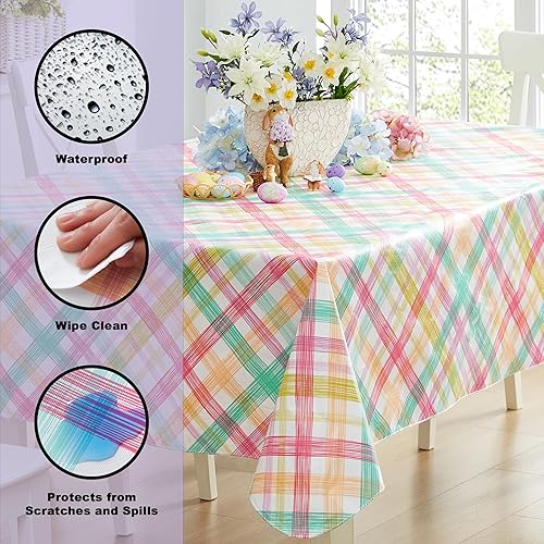 Miniatura 3 de Newbridge Simone - Mantel de vinilo de Pascua a cuadros pastel con respaldo de franela de Pascua mantel de vinilo de fácil cuidado con respaldo de