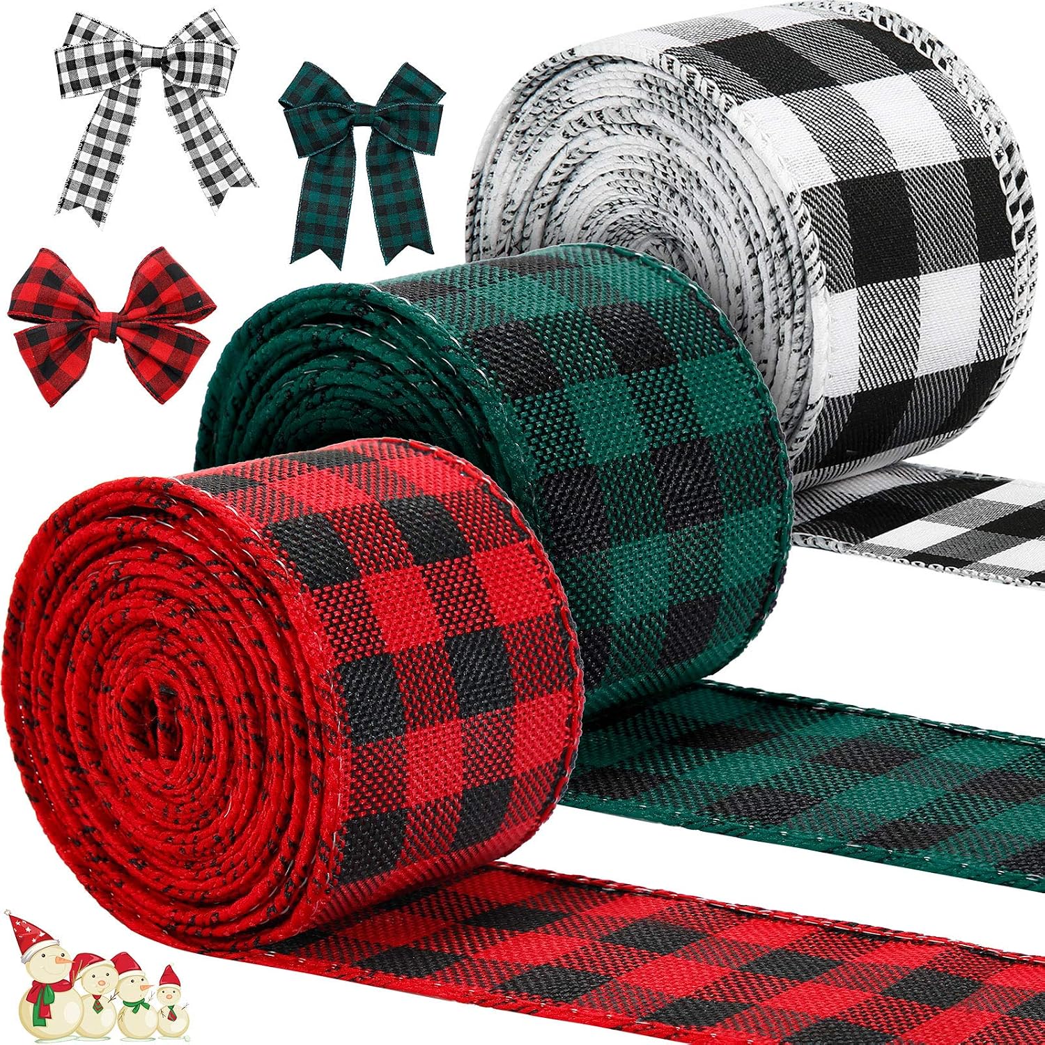 3 Rolls 30 Yards Christmas Wired Plaid Ribbon 2 Inches Gingham Buffalo Ribbon Burlap Fabric Craft Ribbon for Christmas DIY Wrapping Bow Craft Making (Red and Black, White and Black, Green and Black)