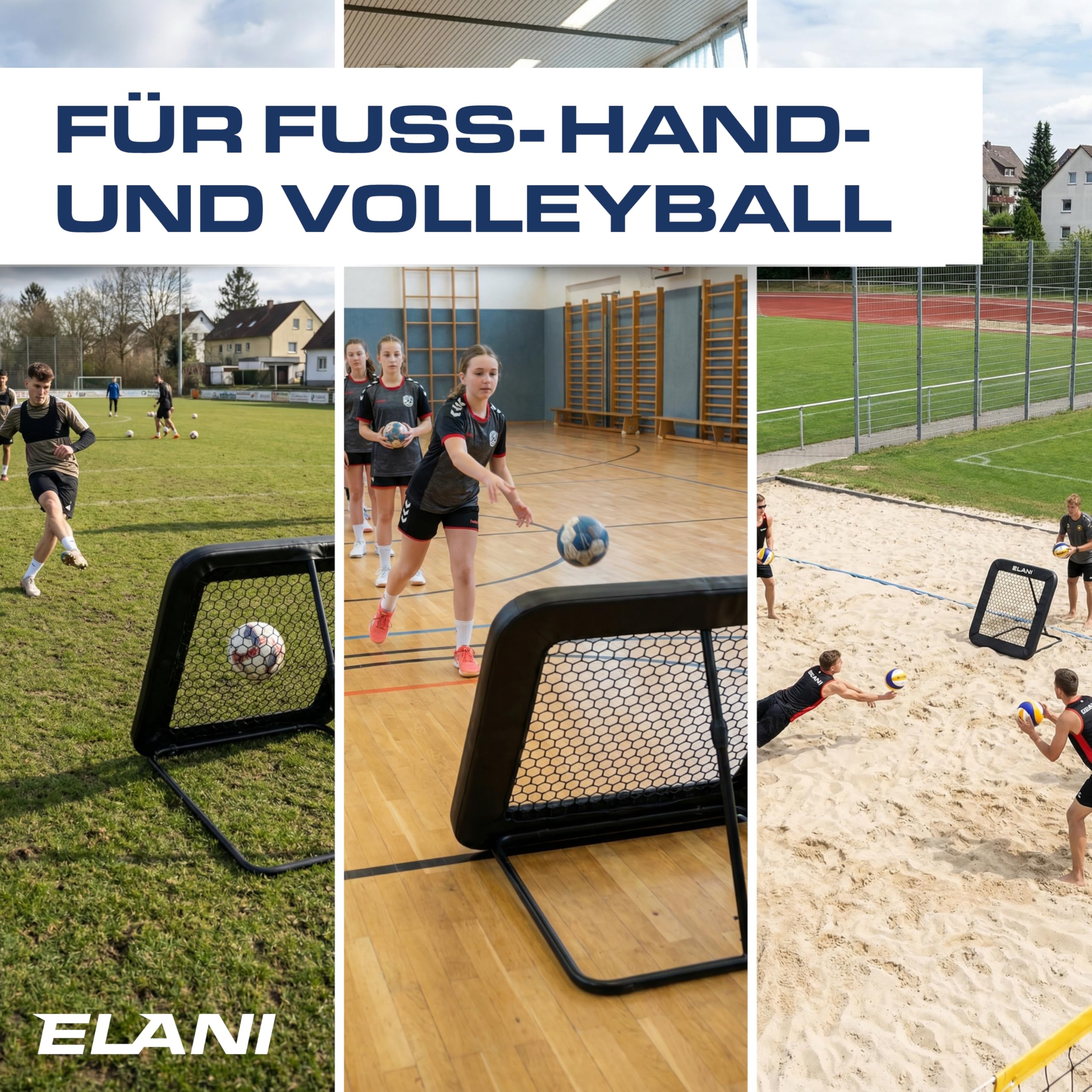 ELANI - Rebounder für Fußball mit Schutzrand & Heringen für sicheren Stand - Fussball Rebounder mit stabilem Rahmen - Tornetz - auch für Handball & Volleyball - Fußball