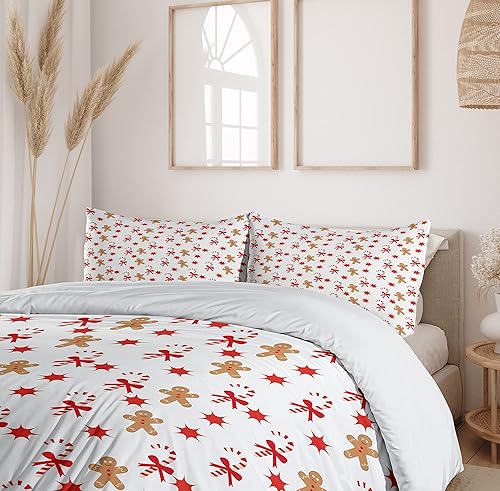 Miniatura 6 de Ambesonne Juego de funda de edredón de hombre de jengibre, moño de bastón de caramelo, estrella roja, patrón de galleta de Navidad, juego de ropa de