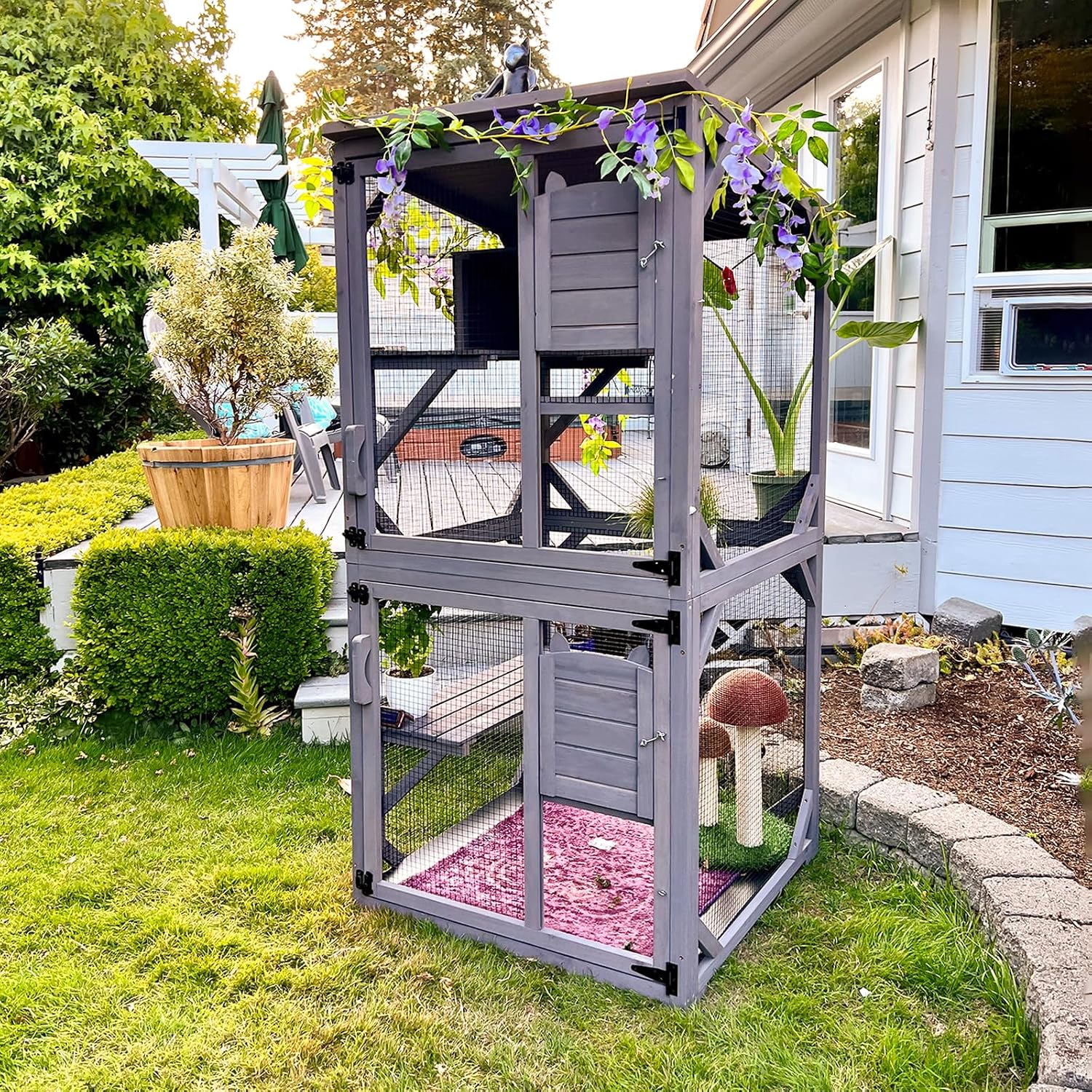 Cat Catio Outdoor Cat Enclosures Movable Cat House on Exercise Wheels Cat Cage with Upgraded Resting Box Waterproof Asphalt Roof (Grey, Large)