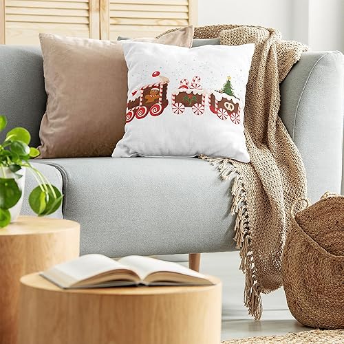 Miniatura 3 de Ambesonne Funda de cojín de Navidad, tren con pan de jengibre, crema de caramelo, juguetes de dibujos animados, regalos de copos de nieve, funda de