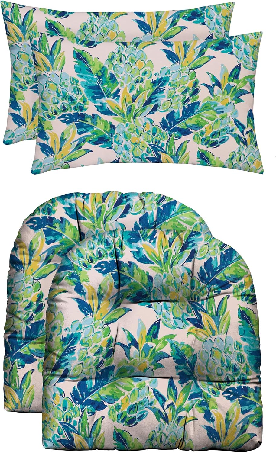 RSH Décor Indoor Outdoor Scroll & Medallion Prints - 2 U-Shape Wicker Cushions & 2 Lumbars Weather Resistant - Choose Color (Vida Opal Yellow Green Blue Lily Pineapple)