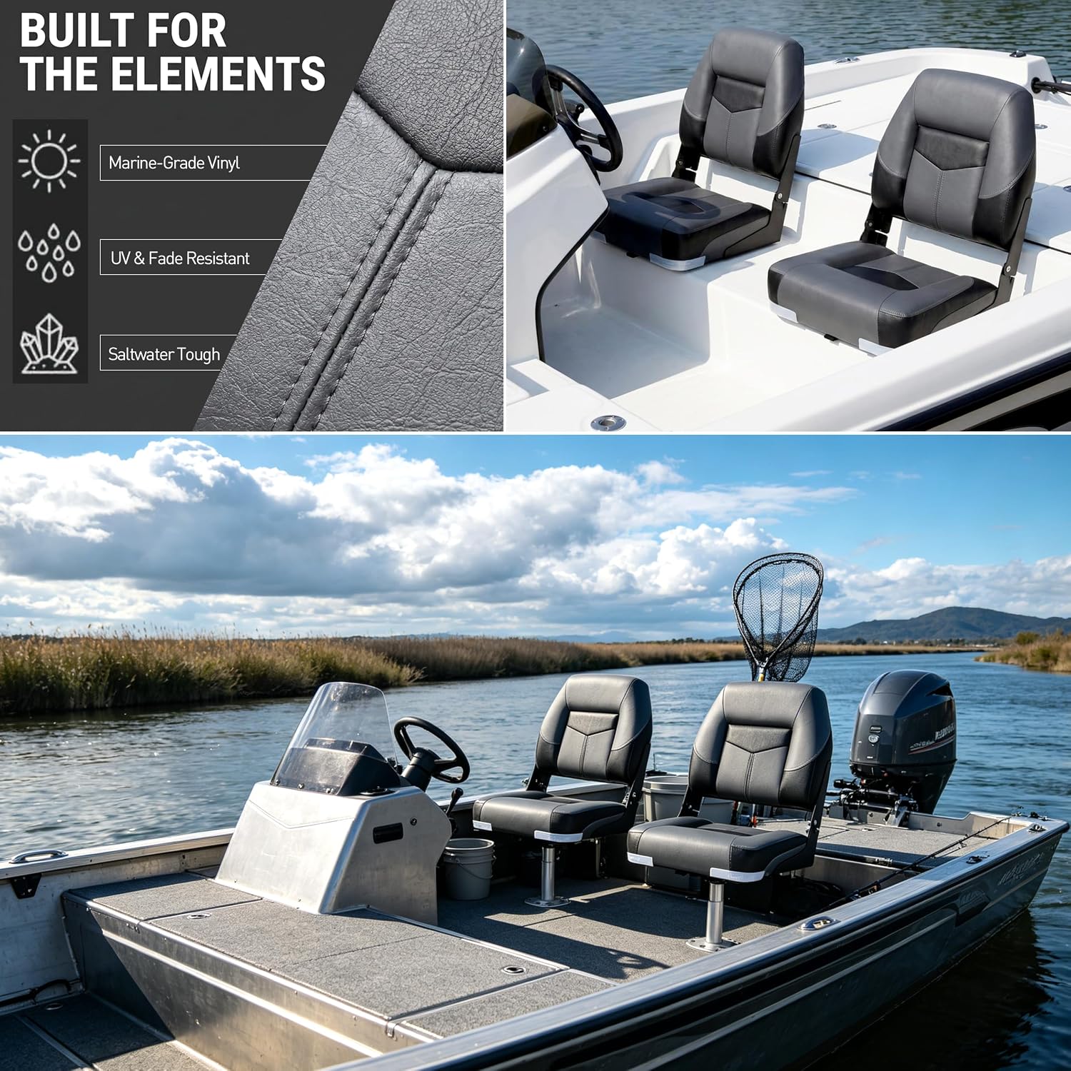 NORTHCAPTAIN T1 Deluxe Low Back Folding Fishing Boat Seats 2 Pack - Premium Bass/Jon/Pontoon Boat Chairs,4 Mounting Screws Included