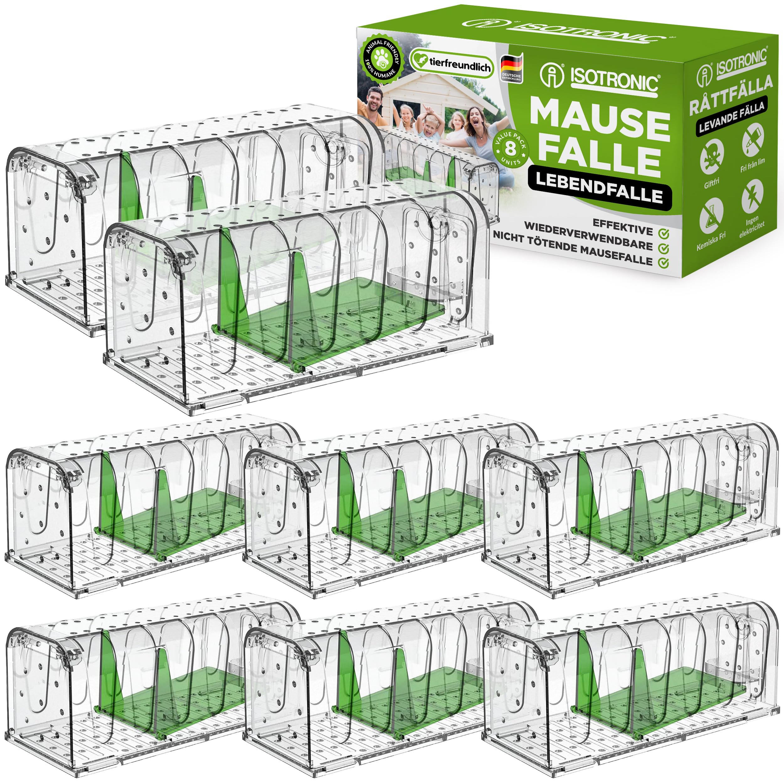 ISOTRONIC Mausefalle Lebend mit Köderbox – tierfreundliche Lebendfalle für Mäuse, Ratten & andere Nagetiere – Wiederverwendbare Rattenfalle mit berührungsloser Freigabe & extra Luftlöchern (1 Stück)