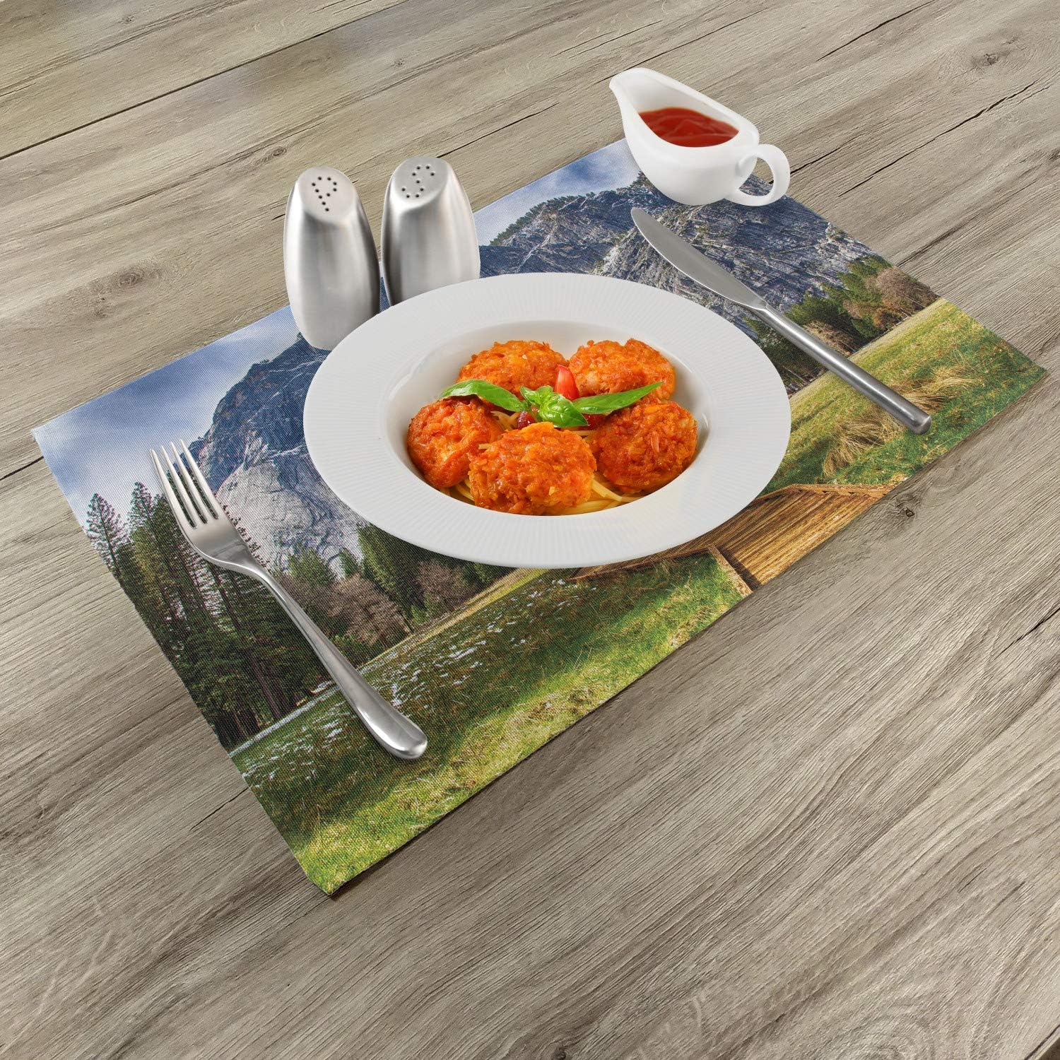 Ambesonne Yosemite Place Mats Set of 4, North Dome as Seen from The Valley with Wooden Walkway Yosemite National Park, Washable Fabric Placemats for Dining Table, Standard Size, Charcoal Green