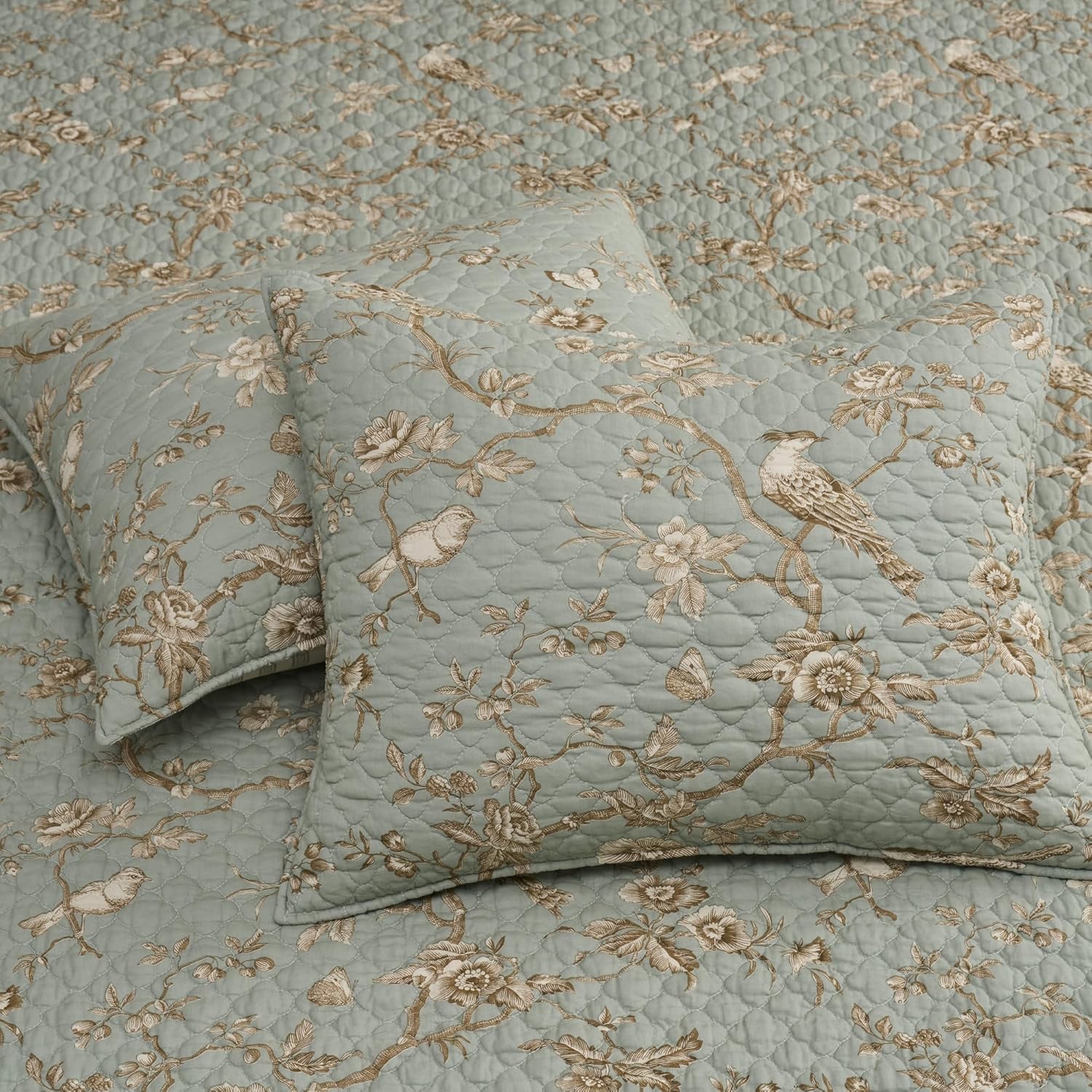 Levtex Home - Lyon Teal Quilt Set - Full/Queen Quilt + Two Standard Pillow Shams - Bird Toile - Teal, Brown, Cream - Quilt Size (88x92in.), Sham Size (26x20in.) - Reversible - Cotton Fabric