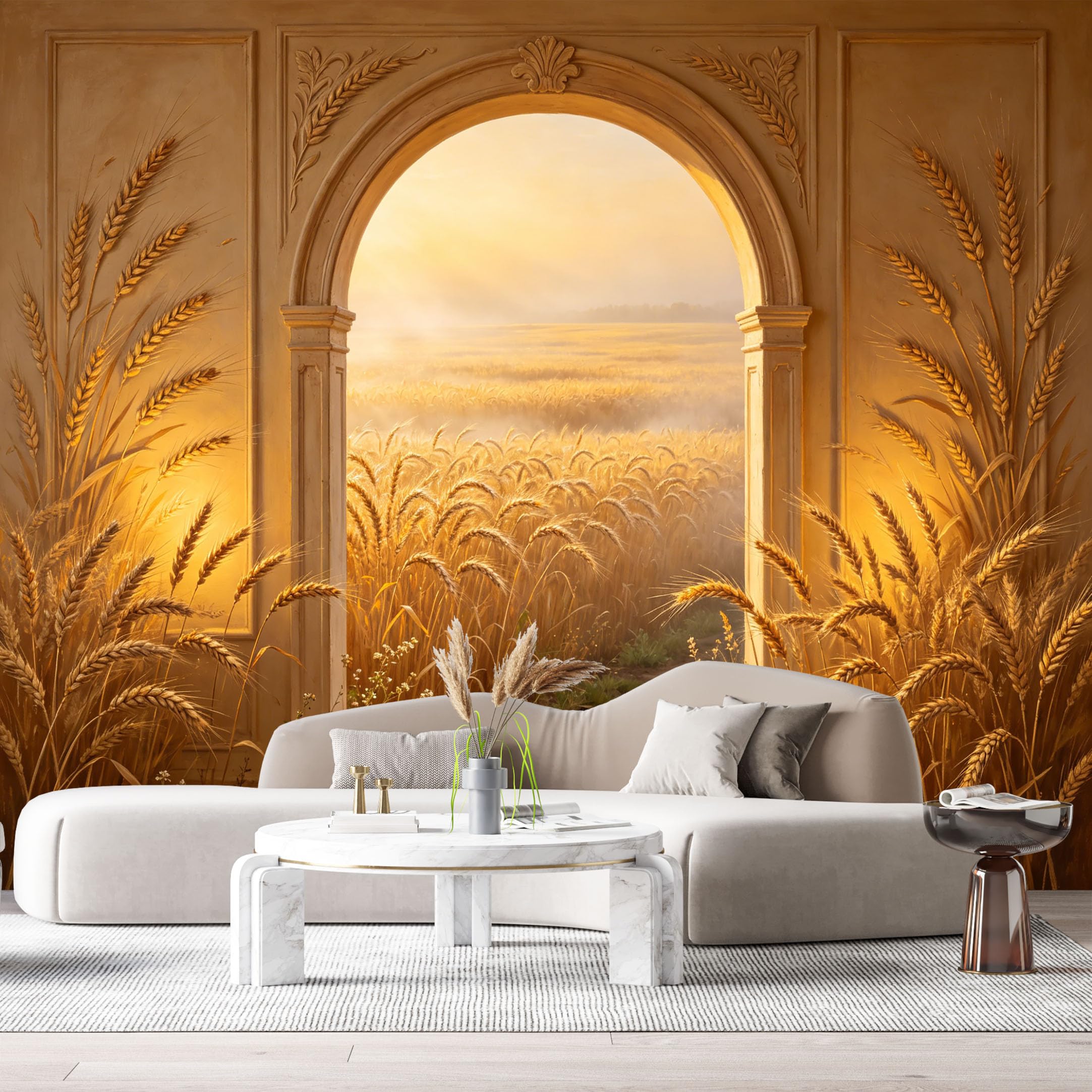 Custom Size Wall Murals Farmhouse Wheat Field Sunset Archway Oil Painting 3D Trompe L'Oeil SelfAdhesiveWall Fabric Removable Wallpaper Wall Decor for Living Room Bedroom Bathroom