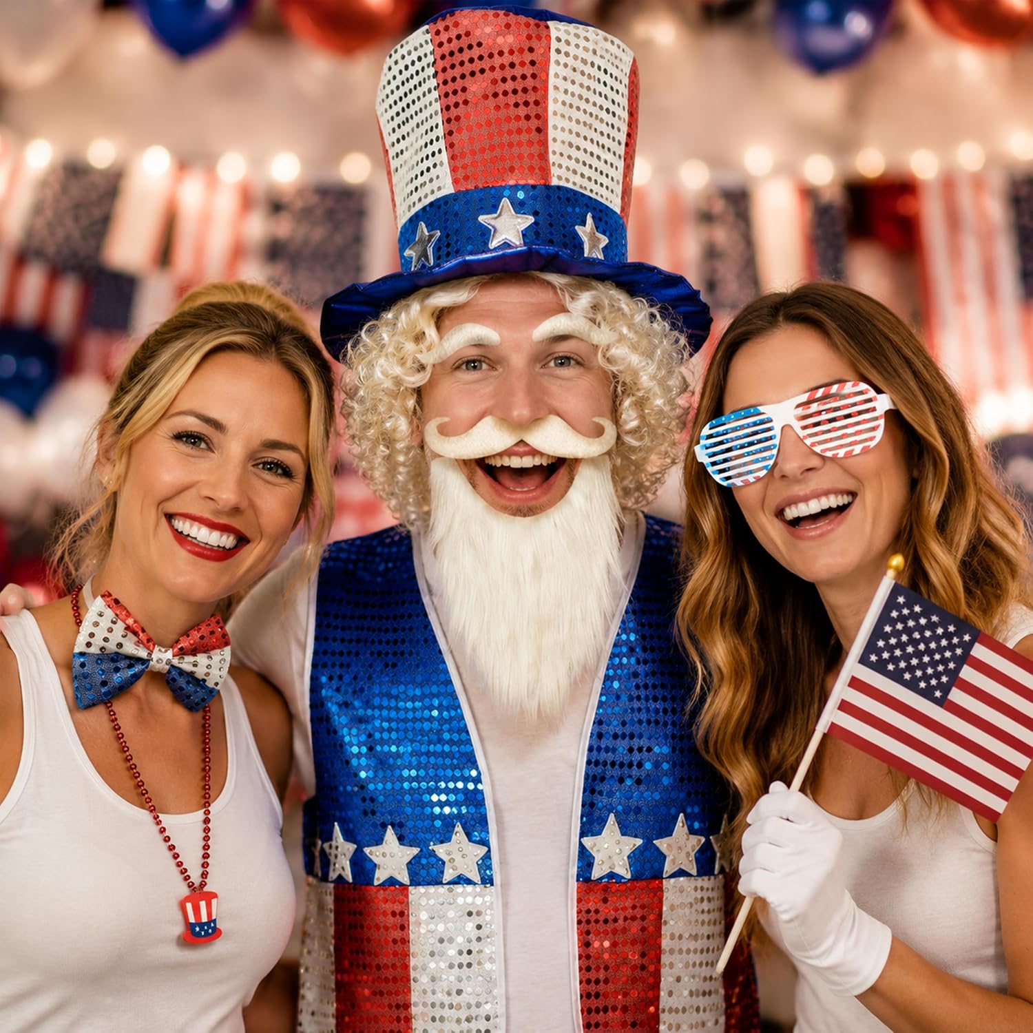 Yopyame 16pcs 4th of July Patriotic Uncle Sam Costume Accessories Set | Includes Top Hat, Jacket, Flag, Wig Eyebrows Mustache Bow Tie Gloves Etc., Perfect for 250th Independence Day, Adults Size