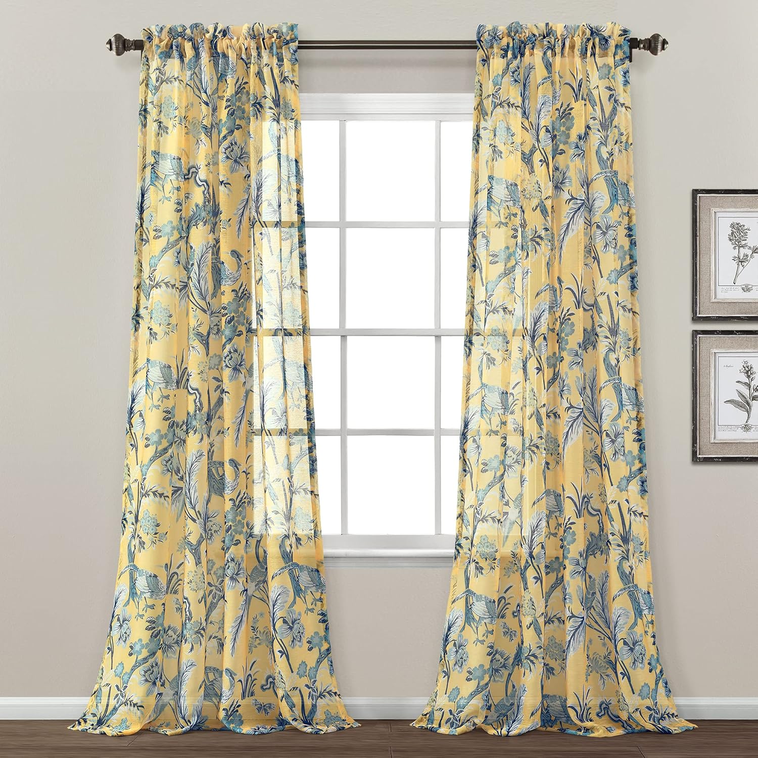Lush Decor Dolores Sheer Window Panels, Pair, 52" W x 84" L, Yellow - Toile Curtains - Floral Bird Print - Grandmillennial & French Country Curtains - Cottage & Maximalist Home Decor