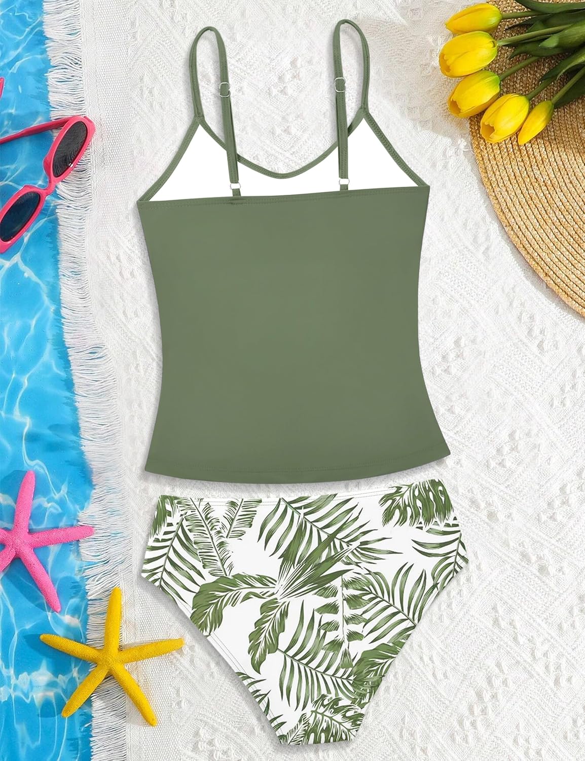 ガールズ水着 2ピース 水着 クリスクロス シャーリング ガール タンキニセット プリント ガールズ水着 9-18歳用