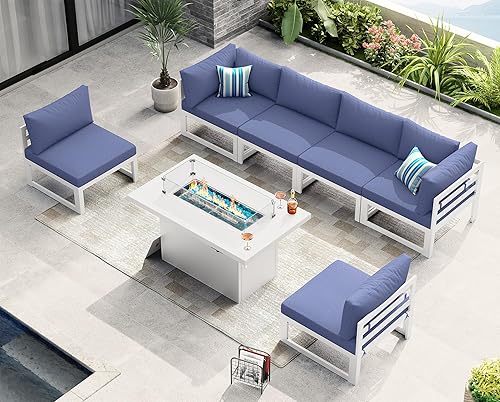 Miniatura 858 de NICESOUL 7 Piece White Powder-Coated Aluminum Patio Furniture with Fire Pit Table, 29 Inch Extra Wide Outdoor Sectional Sofa for 6, High-End Heavy