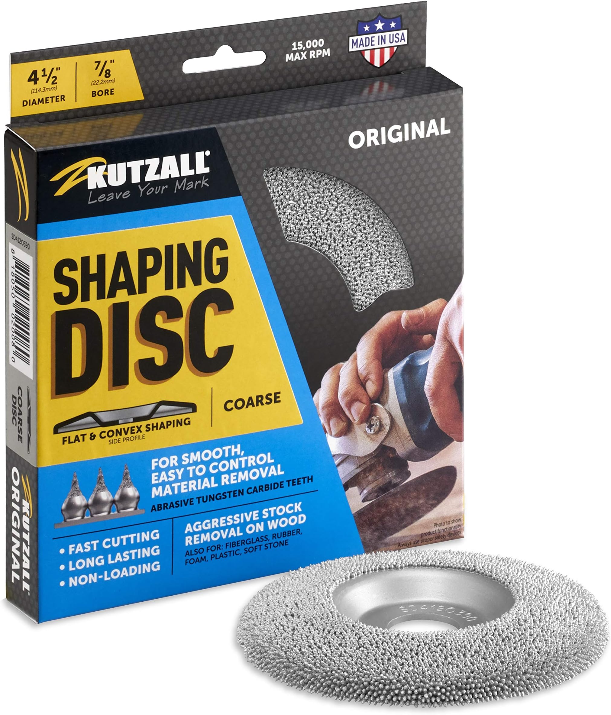 Kutzall Original Carving Disc - Coarse, Tungsten Carbide Coating - 4-1/2" (114.3mm) Diameter x 7/8" (22.2mm) Bore - SD412O390