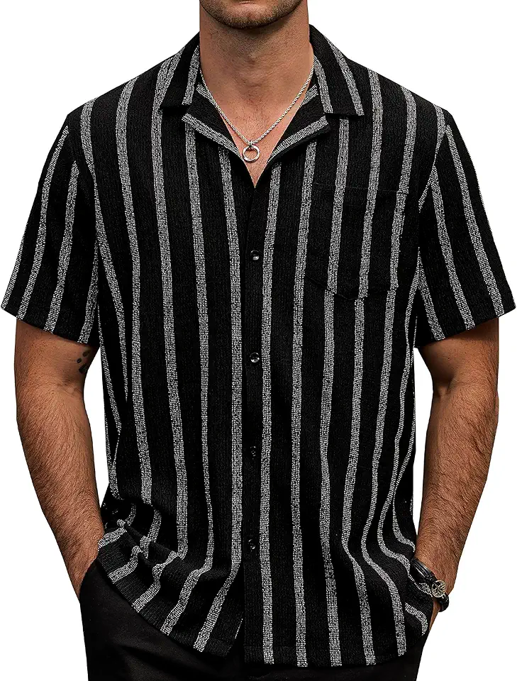 Mens Striped Button Down Short Sleeve Shirt Casual Summer Shirts Beach Vacation Hawaiian Shirt for Men