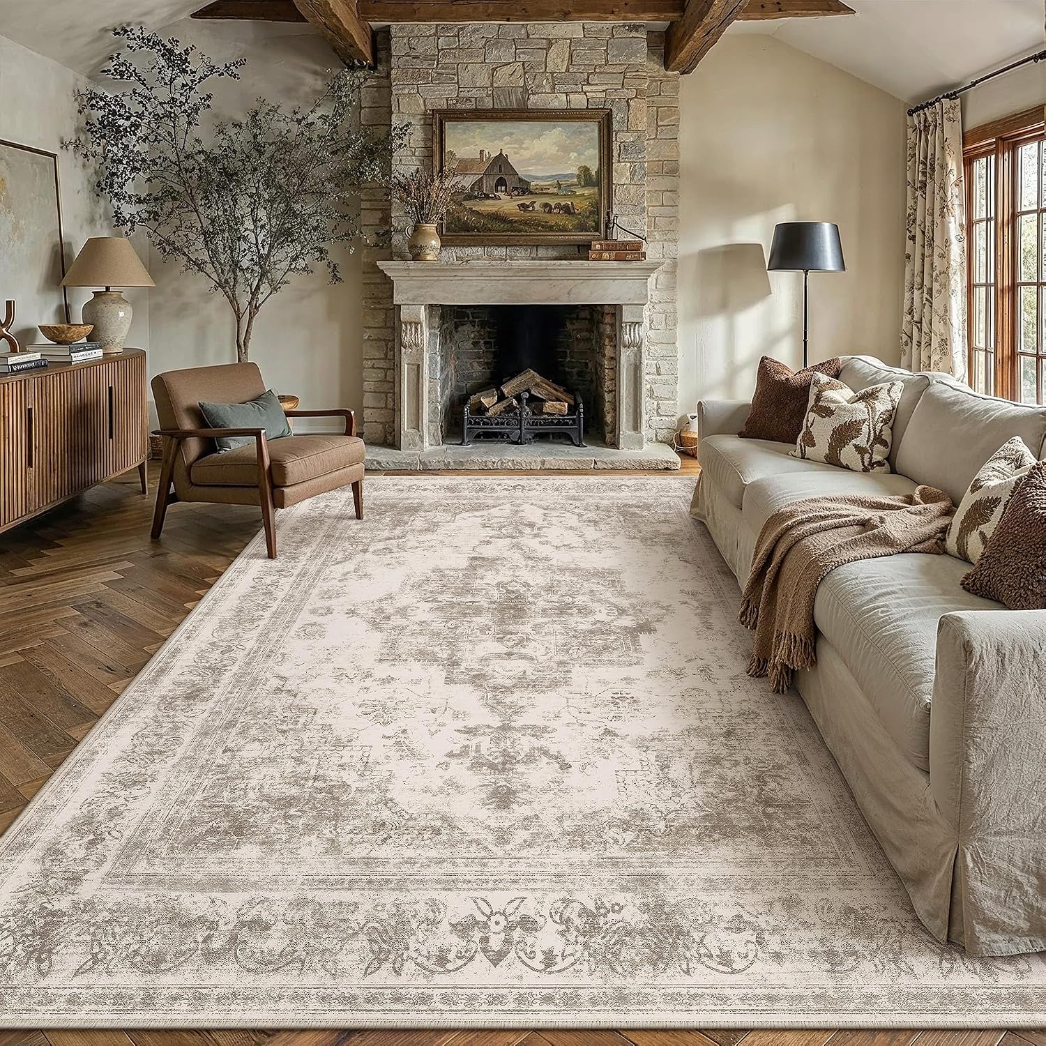 7x9 Washable Area Rug Taupe Vintage Distressed Netural Carpet