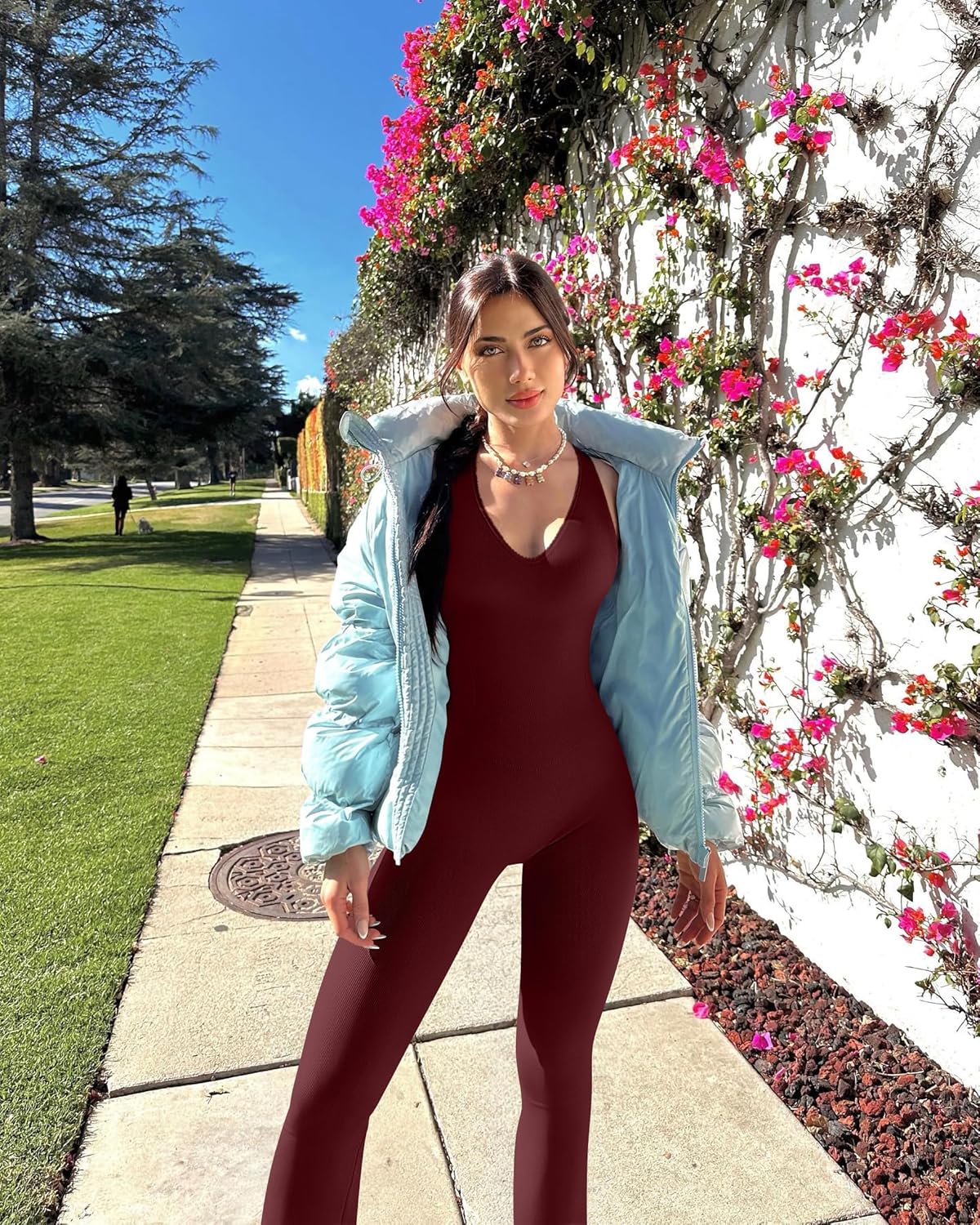 OQQ Jumpsuits for Women Fall Winter Halterneck Sleeveless Lace-Trim Flared Jumpsuit - Image 4