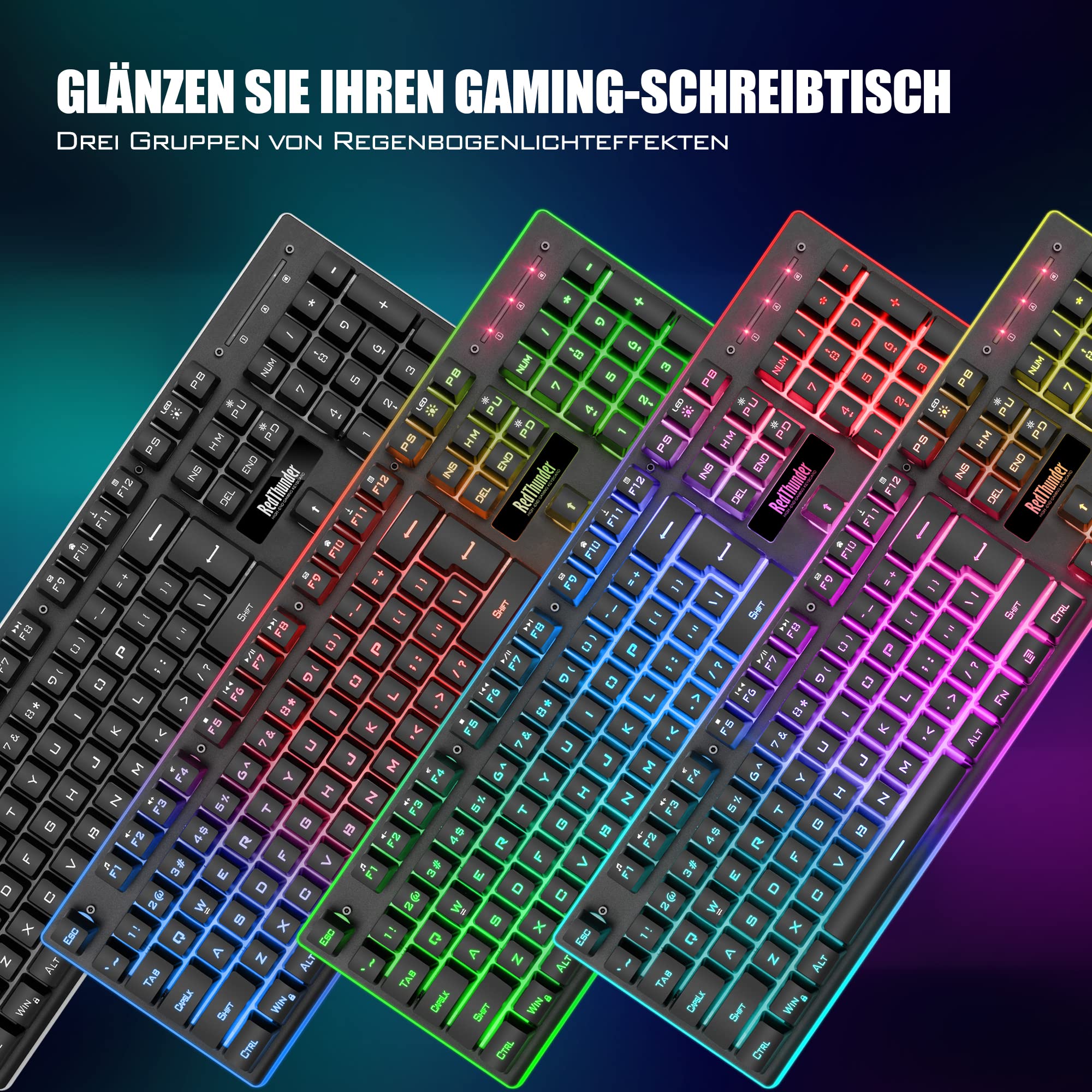 RedThunder K10 Kabelloses Gaming Tastatur und Maus Set, QWERTZ DE Layout, 3000mA, 3200 DPI, Schwarz