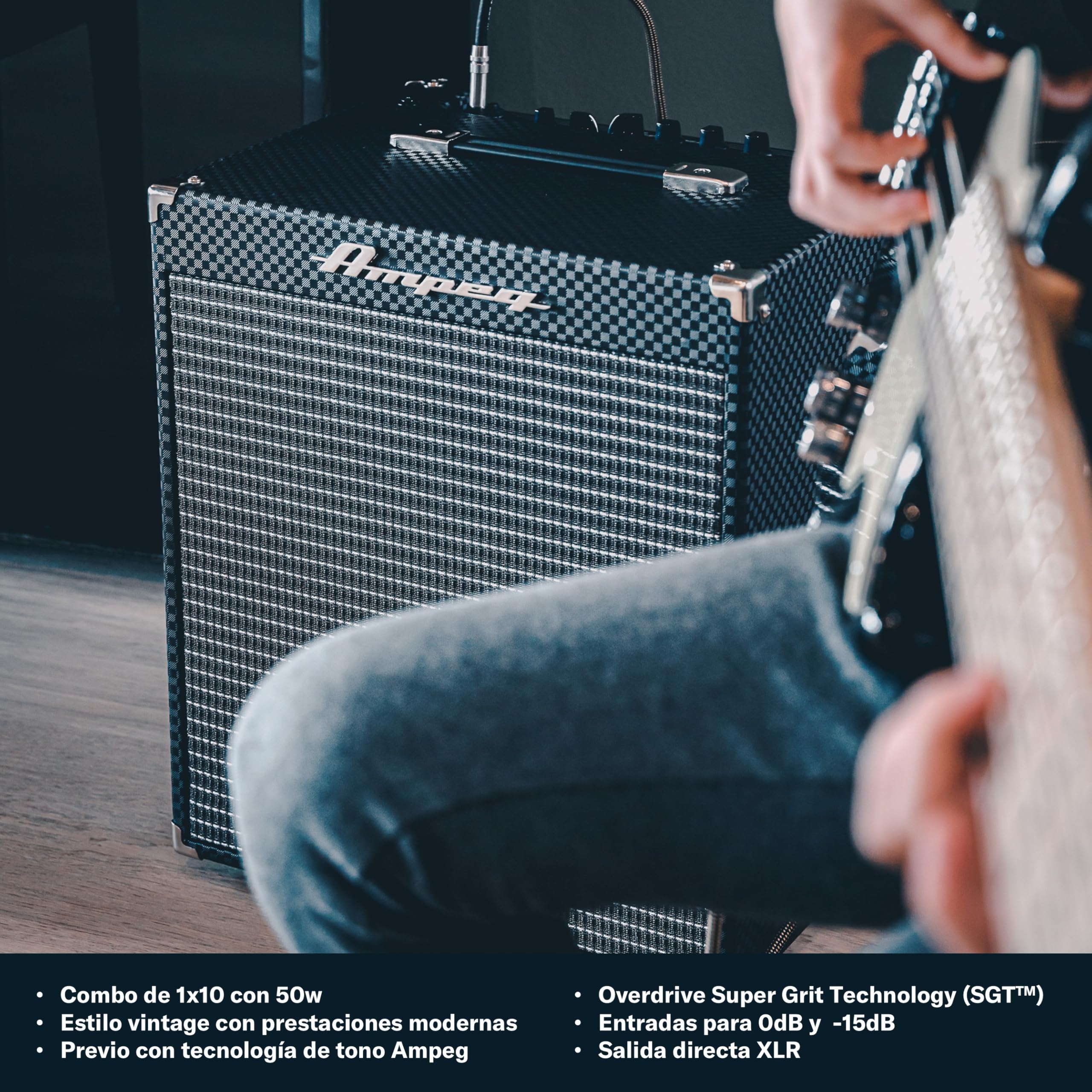 AMPEG RB-110 Amplificador Combo para Bajo – 50W con Previo AMPEG Legacy, Overdrive SGT, Ecualizador de 3 bandas, Entrada AUX, Salida de Auriculares, Salida XLR y Altavoz 1x10" – Negro