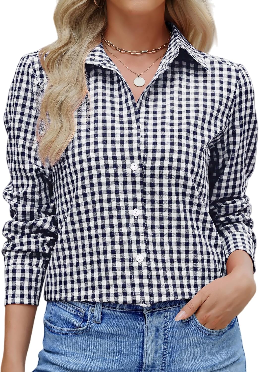 Women Slim Fit Cotton Gingham Button Down Shirts Casual Blouses Tops Work Summer Clothes Fashion Outfits